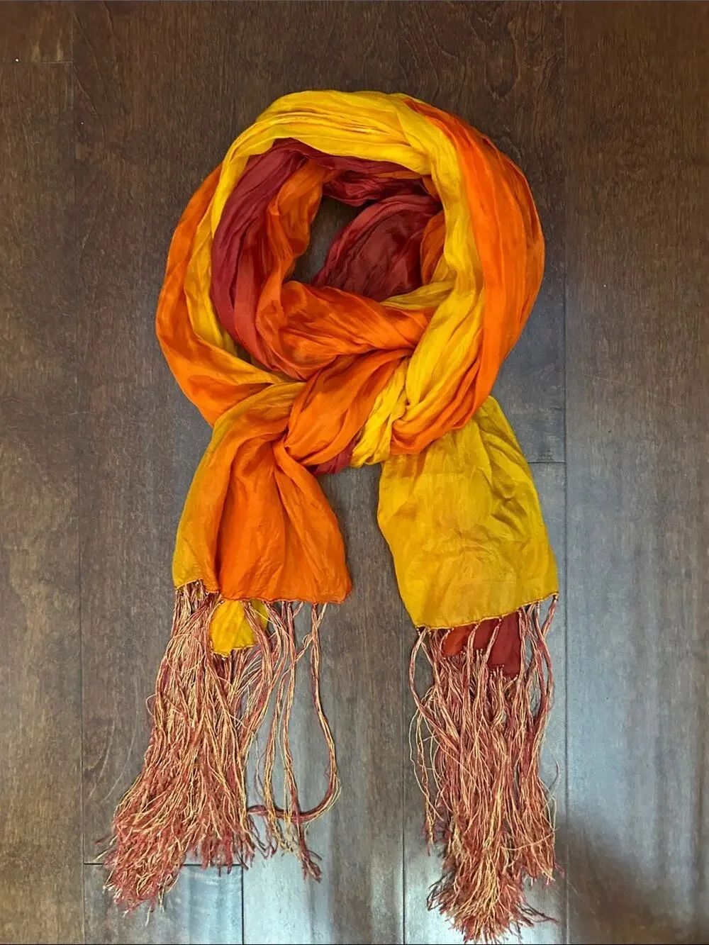 Vibrant Ombre Red-Orange Fringe Scarf, Lightweight Silky Crinkle Fabric